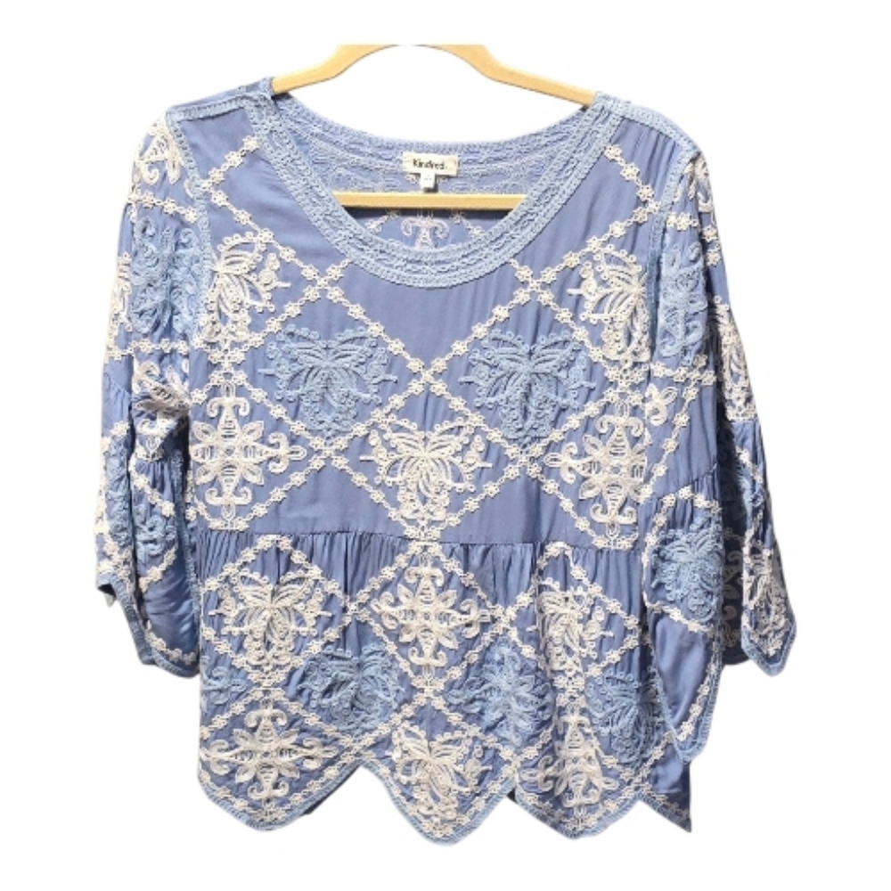 Kindred Light Blue Crochet Panel Boho Tunic Top
